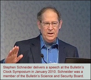 Stephen Schneider delivers a speech at the Bulletin's Clock Symposium in January 2010. Schneider was a member of the Bulletin's Science and Security Board.