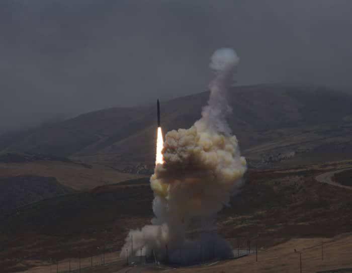 Launch of a missile defense interceptor from Vandenburg Air Force Base in California.