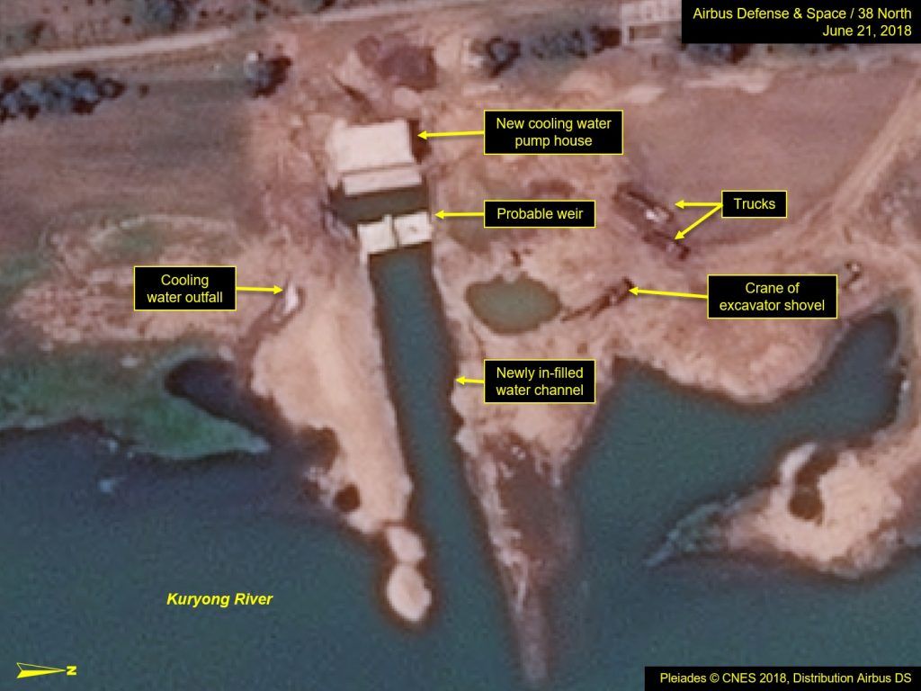 Close-up of new cooling water pump house and in-filled water channel at North Korea's Yongbyon nuclear facility. Credit: Airbus Defense and Space/38 North
