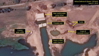 Close-up of new cooling water pump house and in-filled water channel at North Korea's Yongbyon nuclear facility. Credit: Airbus Defense and Space/38 North