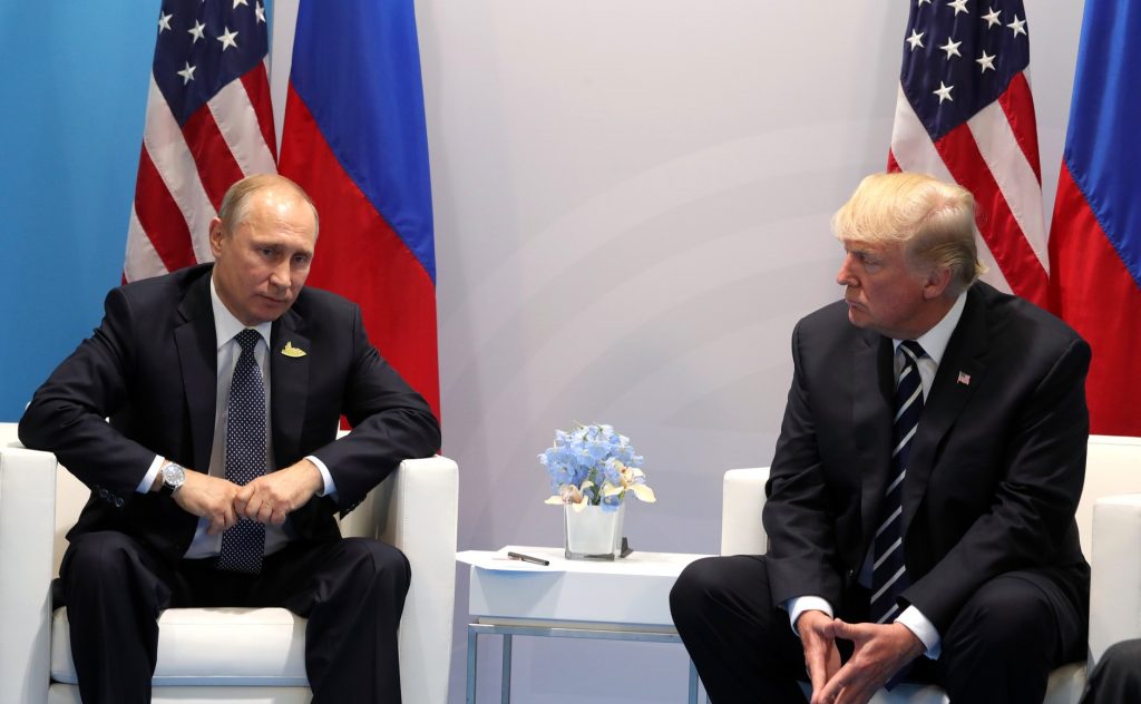 Russian President Vladimir Putin and US President Donald Trump meet on the sidelines of a G20 meeting in Hamburg on July 7, 2017. Credit: Kremlin Presidential Executive Office.