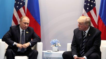 Russian President Vladimir Putin and US President Donald Trump meet on the sidelines of a G20 meeting in Hamburg on July 7, 2017. Credit: Kremlin Presidential Executive Office.