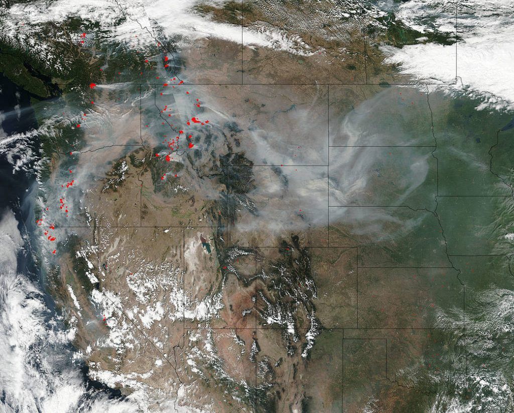 NASA photo of smoke from fires in United States.