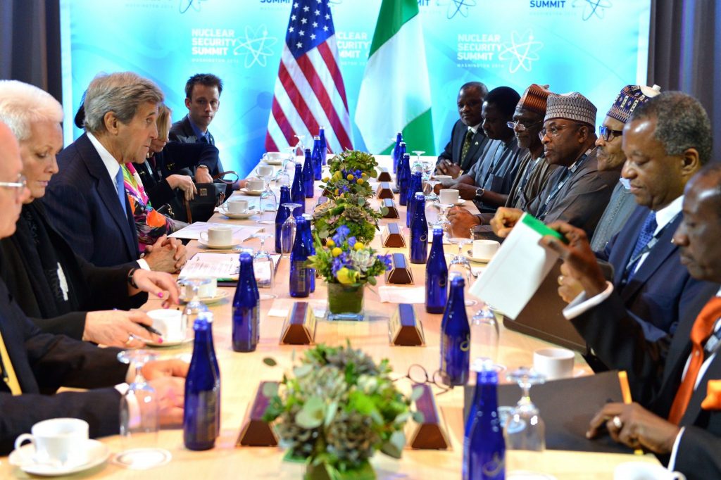 US Secretary of State John Kerry met with Nigerian President Muhammadu Buhari on the sidelines of the 2016 Nuclear Security Summit in Washington, DC, on March 31, 2016.
