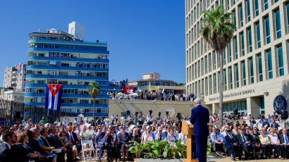 Secretary of State John Kerry speaks at the newly re-opened US Embassy in Havana in August, 2015. The embassy was largely shuttered following a mysterious attack on US diplomats in 2016.