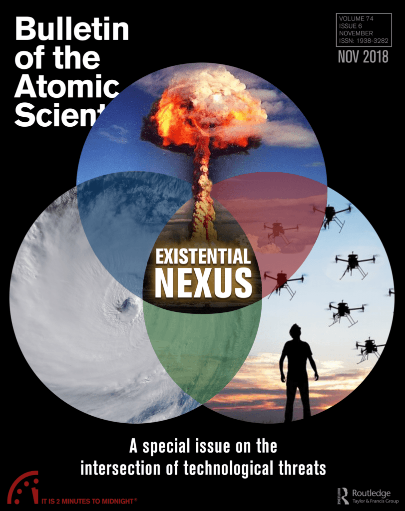 Bulletin of the Atomic Scientists magazine journal November December 2018 cover on intersection of technological threats