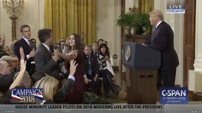 A White House intern tries to take CNN reporter Jim Acosta's microphone