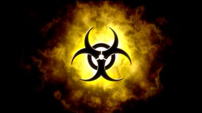 A black biohazard symbol against a yellow and black smoke-like background.