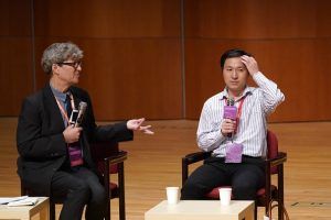 Biological researcher He Jiankui (right) attends the Second International Summit on Human Genome Editing at the University of Hong Kong on November 28, 2018 in Hong Kong, China. Photo by Zhang Wei/China News Service/VCG via Getty Images.