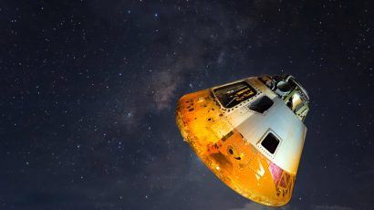 An orange and white conical craft in outer space.