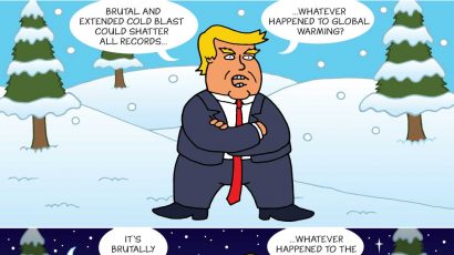 Two cartoons of Donald Trump, one showing him in the snow saying