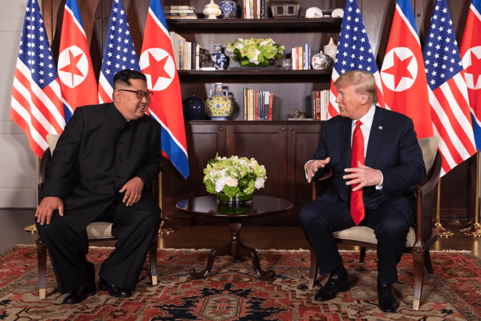 North Korean leader Kim Jong-un and US President Donald Trump meet in Singapore in 2018. Credit: White House photo via Twitter.