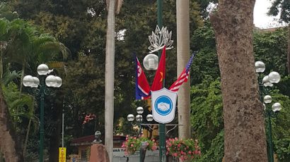 One of the flag "bouquets" adorning the old city portion of Hanoi. Photo by Duyeon Kim.
