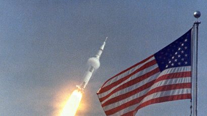 American flag and moon rocket
