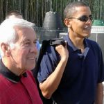 Richard Lugar with Barack Obama in 2005 at a Russian base where mobile launch missiles were being destroyed by the Nunn-Lugar Cooperative Threat Reduction Program. At the time, Lugar was chairman of the Senate Foreign Relations Committee, and Obama was a member of the committee.