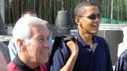 Richard Lugar with Barack Obama in 2005 at a Russian base where mobile launch missiles were being destroyed by the Nunn-Lugar Cooperative Threat Reduction Program. At the time, Lugar was chairman of the Senate Foreign Relations Committee, and Obama was a member of the committee.