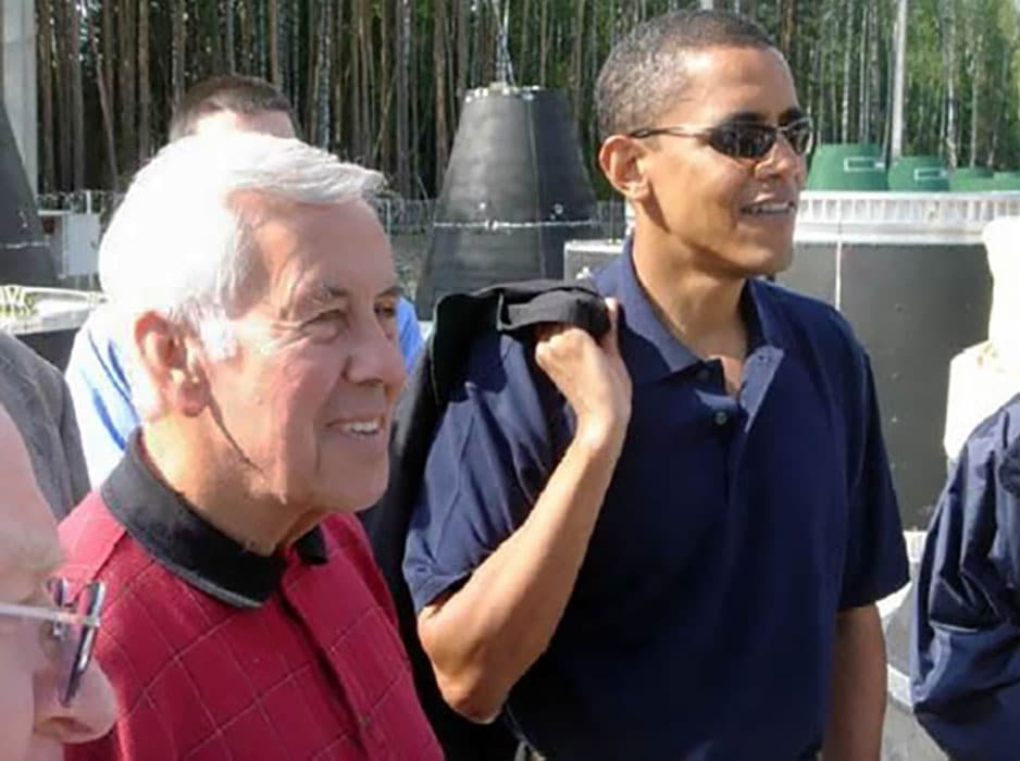 Richard Lugar with Barack Obama in 2005 at a Russian base where mobile launch missiles were being destroyed by the Nunn-Lugar Cooperative Threat Reduction Program. At the time, Lugar was chairman of the Senate Foreign Relations Committee, and Obama was a member of the committee.