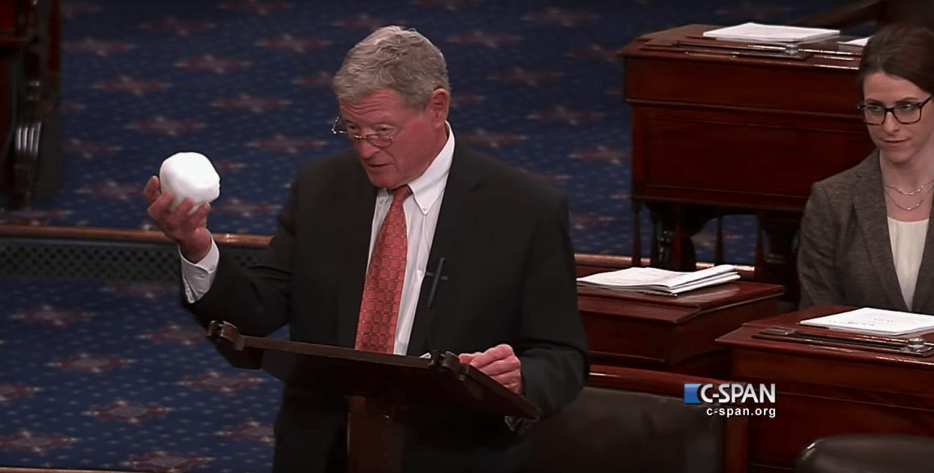 Sen. James Inhofe brings a snowball to work to show that it still gets cold. Credit: C-SPAN.