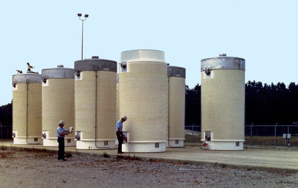 An example of dry cask storage of spent nuclear fuel.