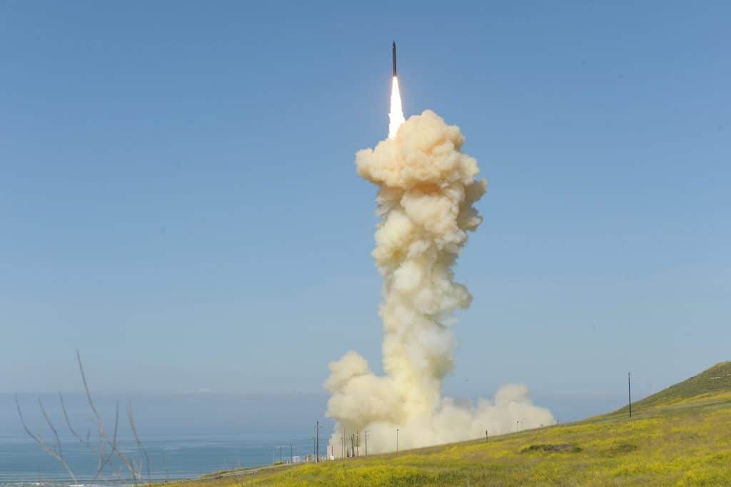 In the first US “salvo” test of ground-based missile interceptors, two interceptors were launched from Vandenberg Air Force Base in California on March 25, 2019. They successfully intercepted a “threat-representative” ICBM target launched from a test site on Kwajalein Atoll in the Marshall Islands. This photo shows the launch of the “lead” interceptor, which destroyed the missile’s reentry vehicle. The “trail” interceptor struck the remaining “most lethal object” it could find. Credit: Missile Defense Agency