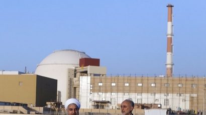 Iranian President Hassan Rouhani and Head of the Atomic Energy Organization of Iran (AEOI) Ali Akbar Salehi at the Bushehr Nuclear Plant in 2015.