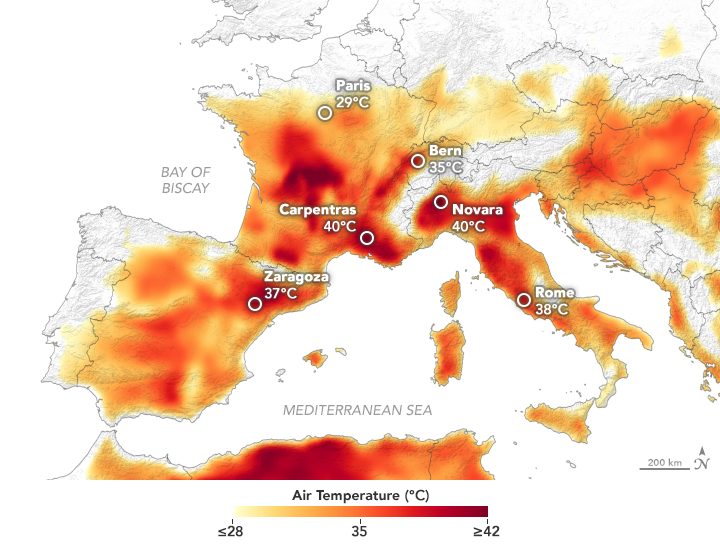map of Europe heat wave 2019