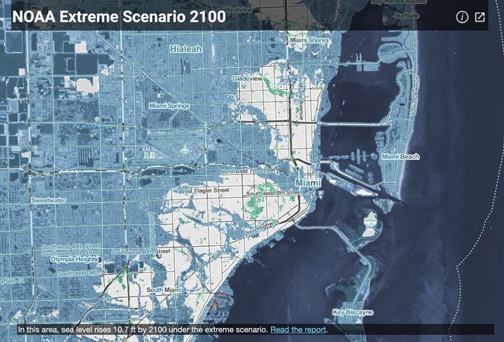 map of projected flooded land in Miami