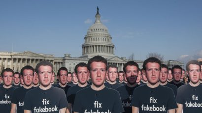 Cardboard cutouts of Facebook founder and CEO Mark Zuckerberg stood outside the US Capitol on April 10, 2018, placed there by the advocacy group Avaaz to call attention to fake accounts spreading disinformation on Facebook. Credit: Kevin Wolf/AP images for AVAAZ