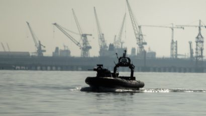 An unmanned British Royal Navy vessel patrols a harbor near Troia, Portugal, during a NATO exercise. Credit: NATO.