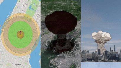 Screenshots showing the two-dimensional, three-dimensional, and virtual reality versions of NUKEMAP.