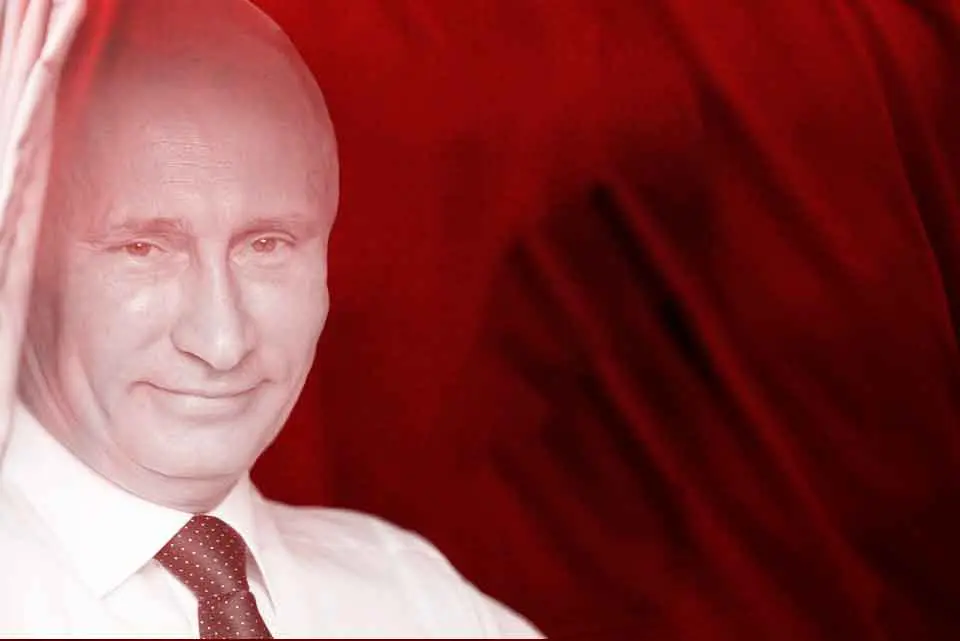 Vladimir Putin smiles and looks at camera in red overlay color