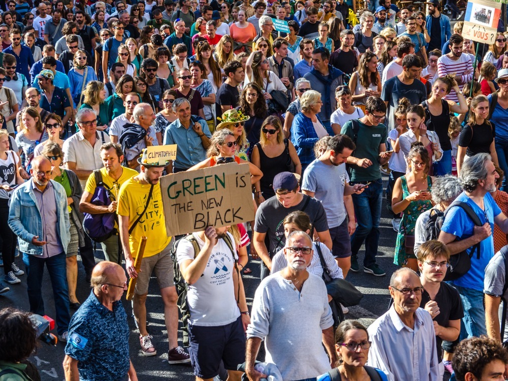 people on street marching with climate change signs