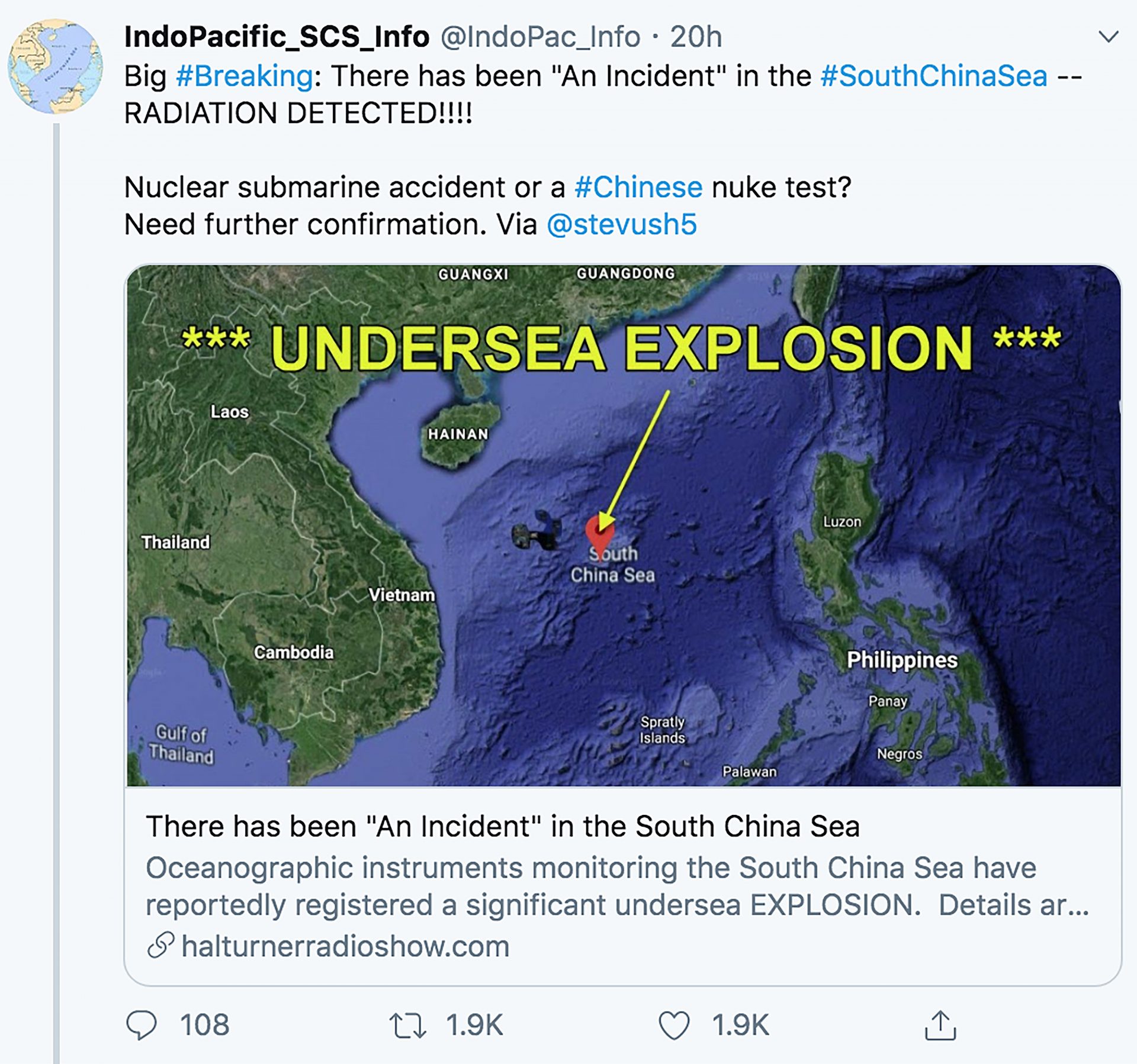 A screenshot of tweet about a supposed nuclear test.