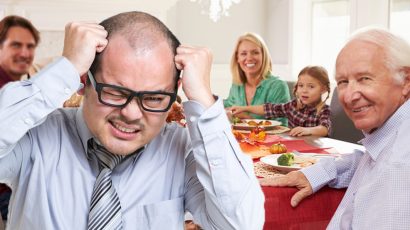 tearing hair out at meal with climate change-denier