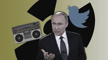 Putin, a radio, and the Twitter logo against a nuclear-symbol background.