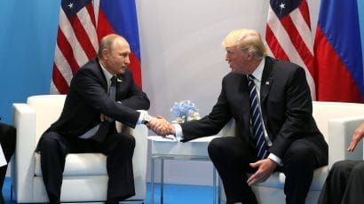 Vladimir Putin and Donald Trump at a 2017 G20 meeting in Hamburg.