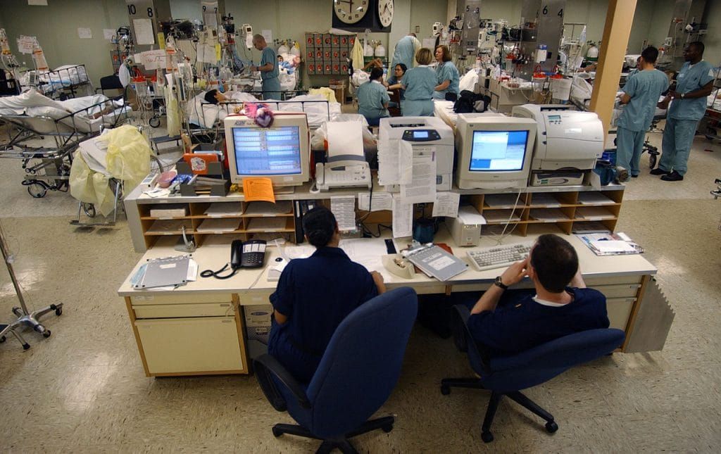 A central computer system monitors the heart rates of each patient in the Intensive Care Unit (ICU) aboard the USNS Comfort, one of two hospital ships operated by Military Sealift Command. (US Navy photo)