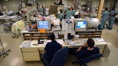 A central computer system monitors the heart rates of each patient in the Intensive Care Unit (ICU) aboard the USNS Comfort, one of two hospital ships operated by Military Sealift Command. (US Navy photo)