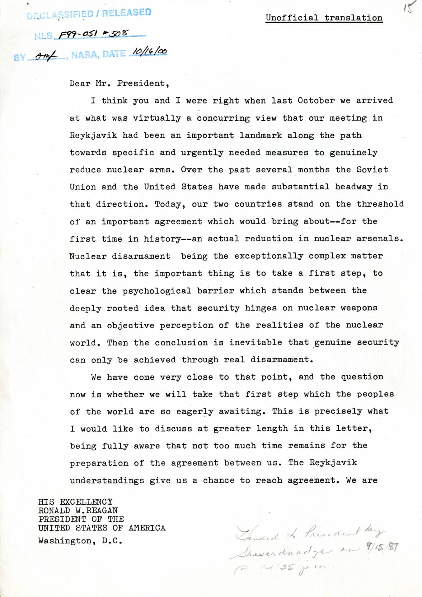 Excerpts of May 1986 Reagan Letter from Gorbachev / courtesy of the Ronald Reagan Library