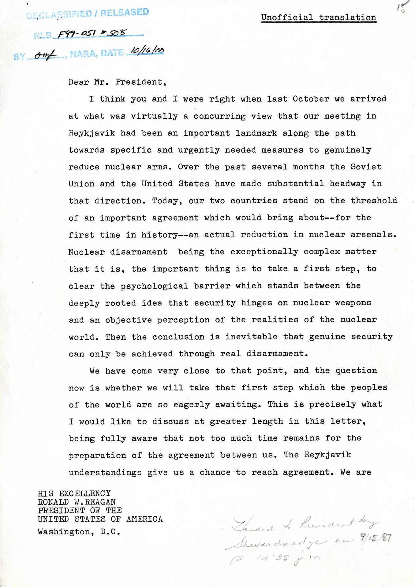 Excerpts of May 1986 Reagan Letter from Gorbachev / courtesy of the Ronald Reagan Library Excerpts of May 1986 Reagan Letter from Gorbachev / courtesy of the Ronald Reagan Library