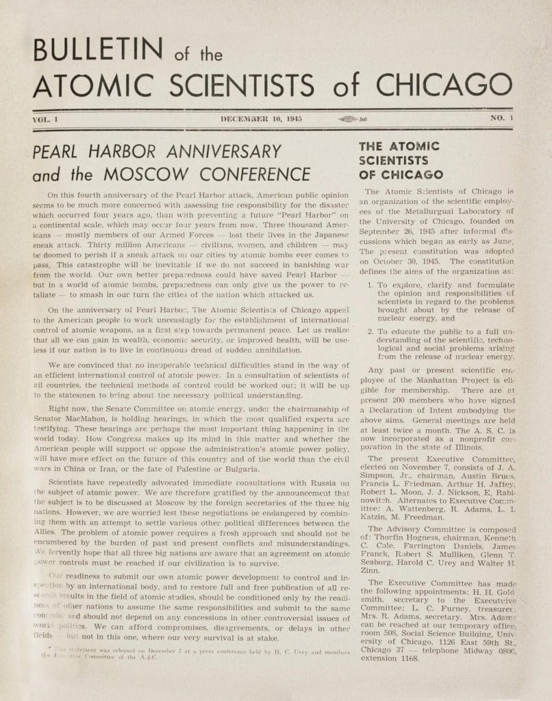 The Bulletin of the Atomic Scientists begins publishing in 1945