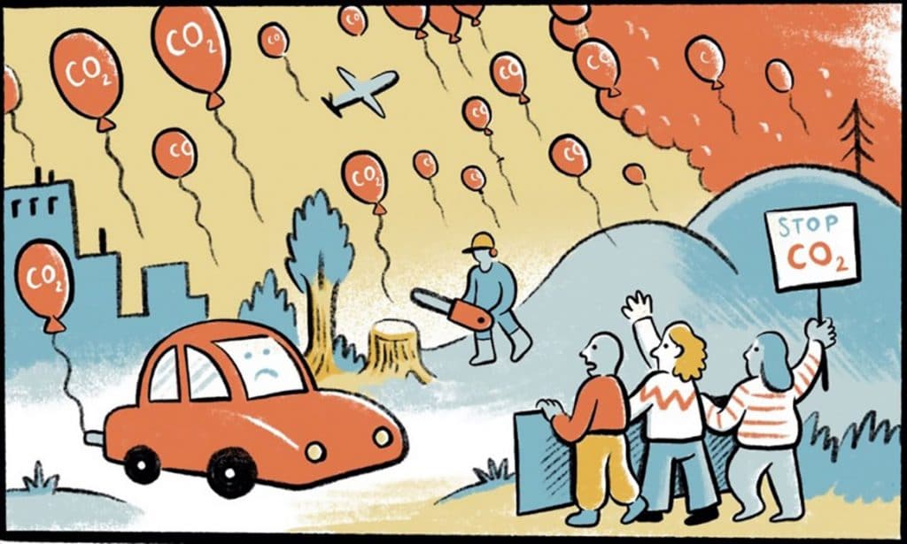 artist's rendering of CO2 as balloons in sky