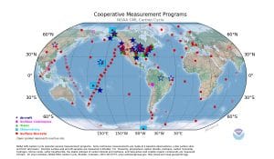 map of globe with air monitoring sites