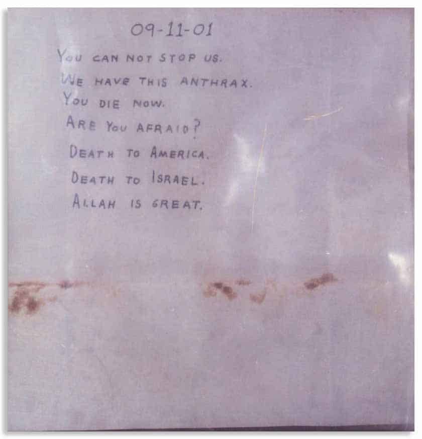 A letter that had been laced with anthrax during the Amerithrax attacks.