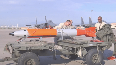 A test version of the new B61-12 guided nuclear bomb to be deployed in Europe as part of a modernization program. Photo from a video by Air Force Staff Sgt. Cody Griffith.