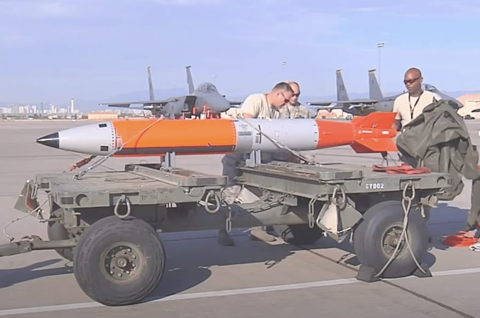 A test version of the new B61-12 guided nuclear bomb to be deployed in Europe as part of a modernization program. Photo from a video by Air Force Staff Sgt. Cody Griffith.