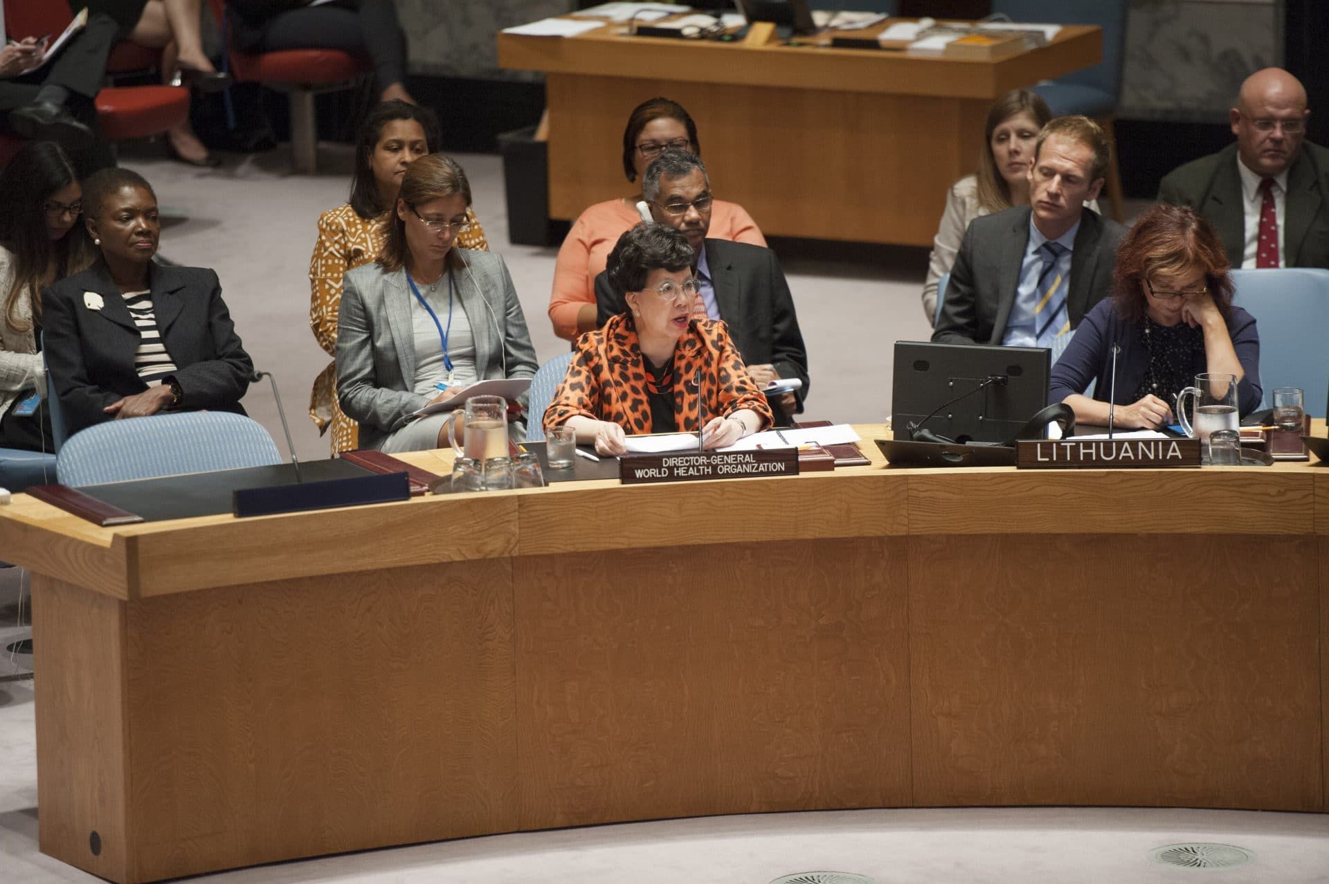 On September 18, 2014, Margaret Chan became the first WHO Director-General to address the UN Security Council for its consideration of the Ebola epidemic, which she described as "the greatest peacetime challenge that the United Nations and its agencies have ever faced." (UN Photo/Cia Pak)