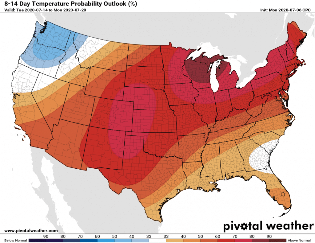 US lower 48 temperature forecast July 14-20 2020