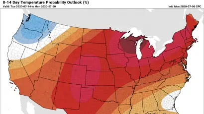 US lower 48 temperature forecast July 14-20 2020