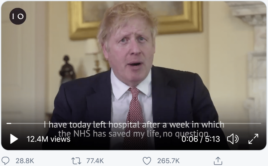 Boris Johnson posts a thank you message.